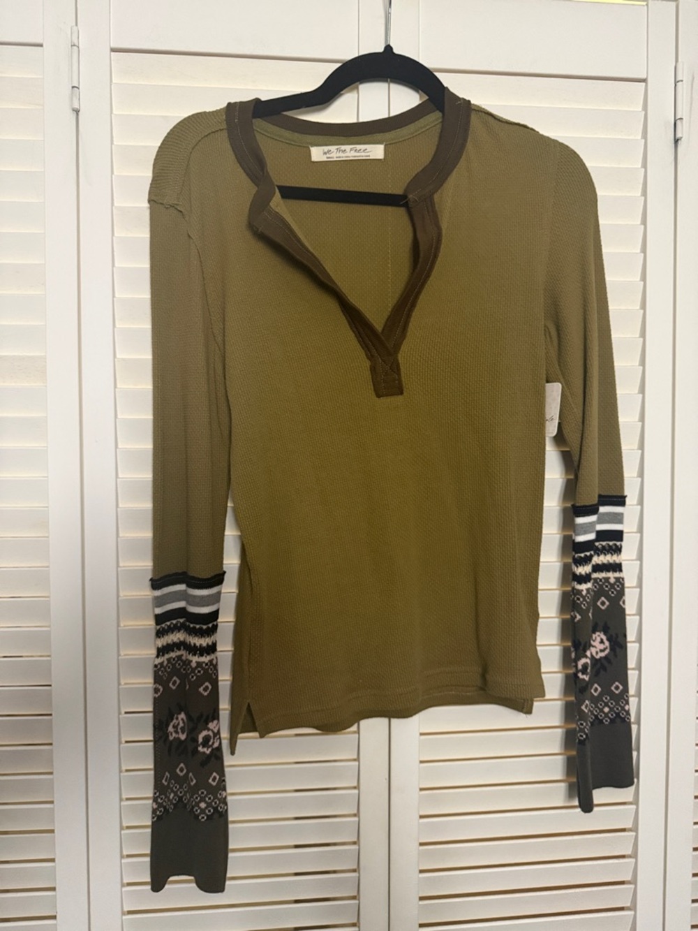 We The Free Olive Green Long Sleeve Henley with Patterned Sleeve Cuffs